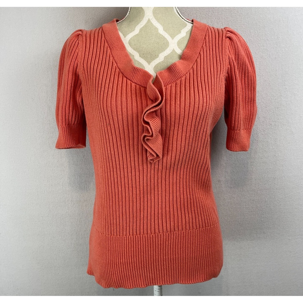 TALBOTS Sweater Sz M Short‎ Puff Sleeve Ruffle Trim Ribbed Pumpkin Spice Orange